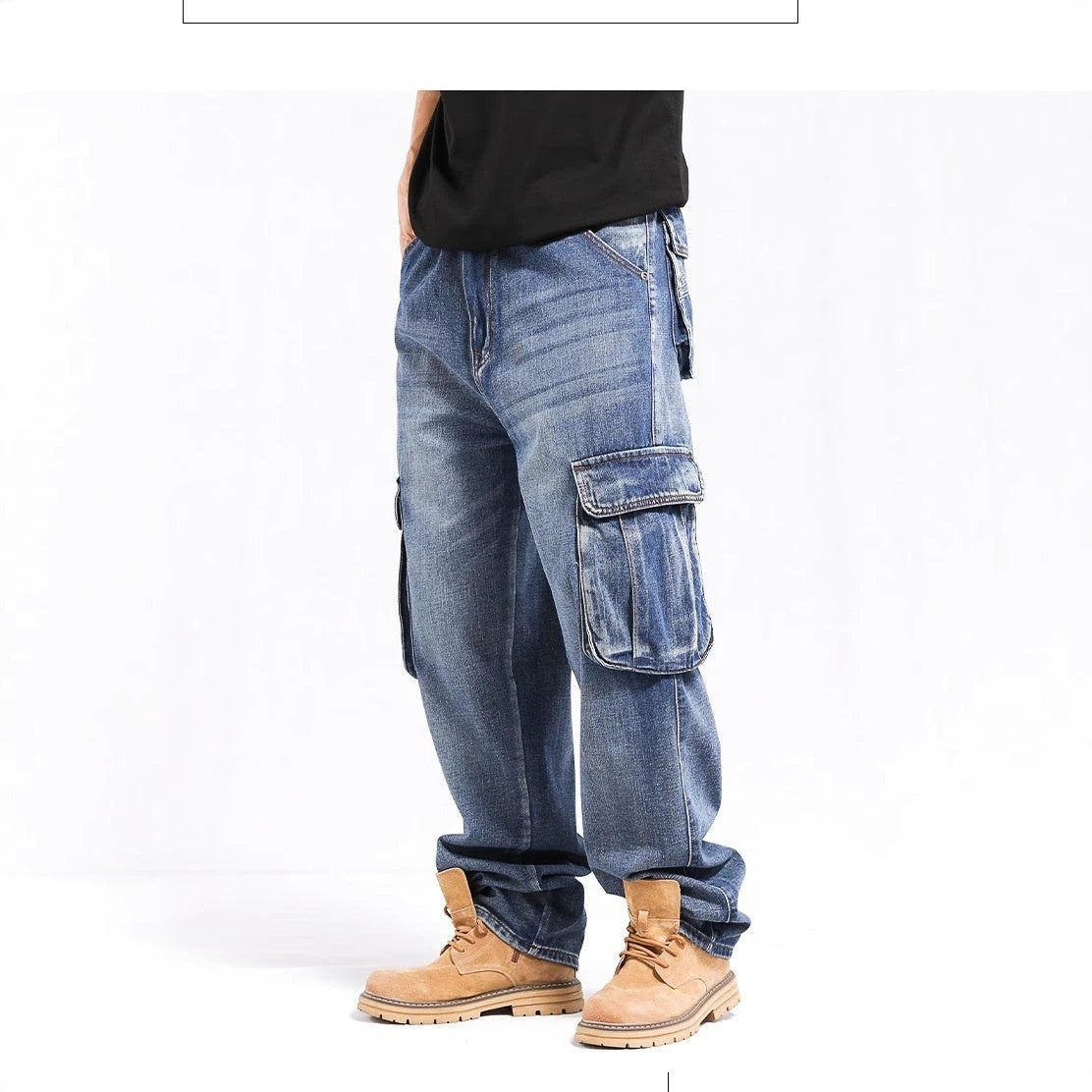 Tall Plus-size Stylish Wide-leg Jeans With Multiple Pockets For Men by GJG Denim
