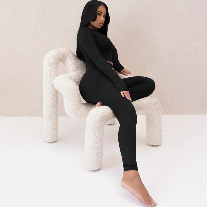 Long Sleeve Round Neck Top Package Hip Skinny Trousers High Elastic Sports Yoga Body-hugging Suit by GJG Denim