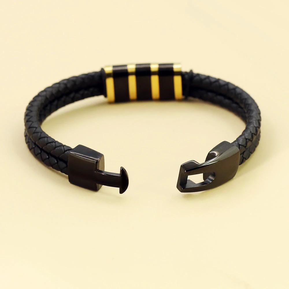 Black Leather Braided Stainless Steel Bead Bracelet For Men by GJG Denim
