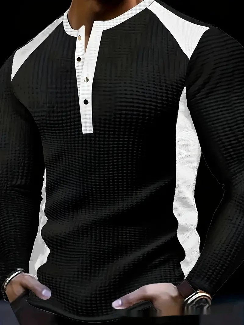 Men's Long-sleeve Shirt With Patchwork Jacquard Design Loose Fit by GJG Denim