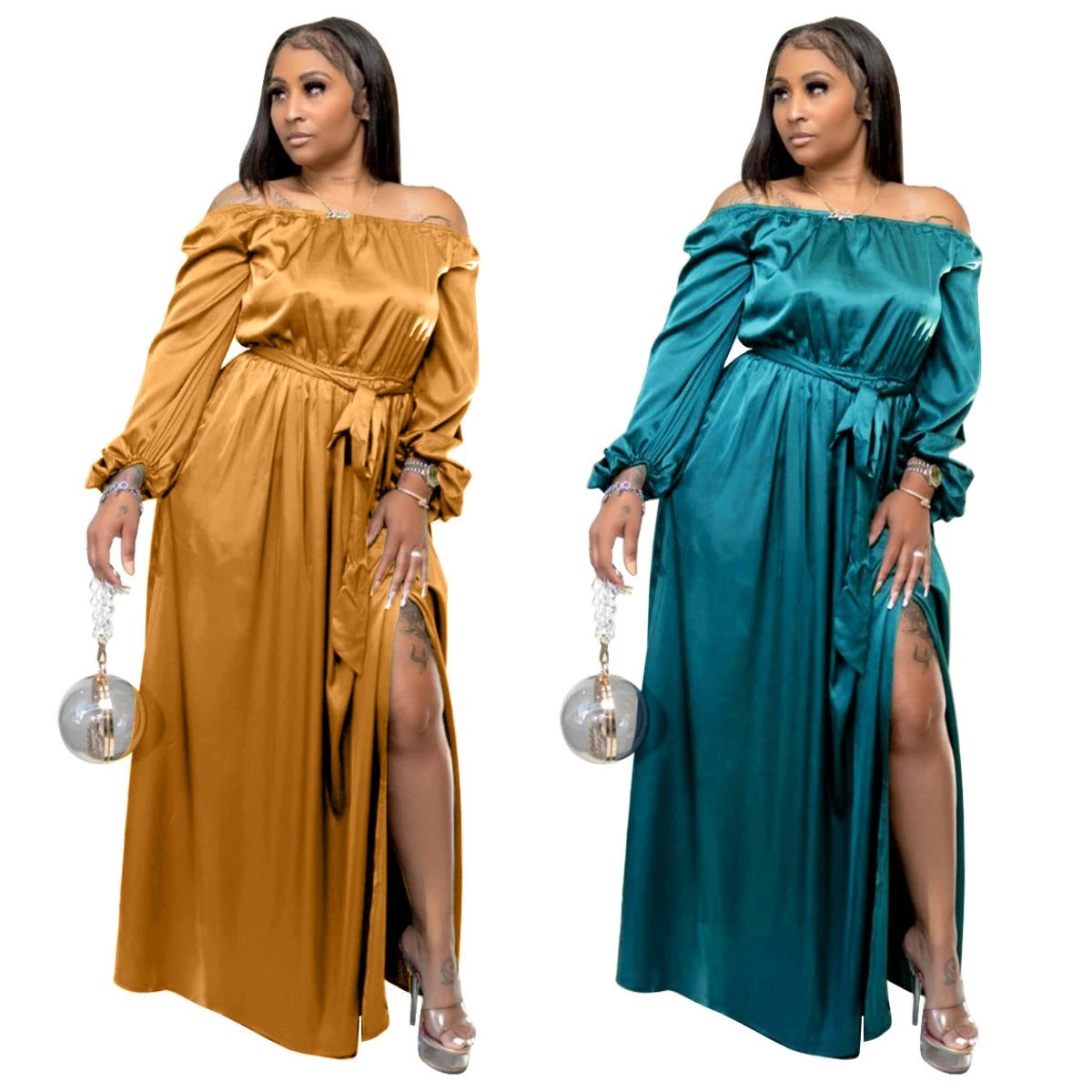 Off-shoulder Lace-up Lantern Sleeve Dress by GJG Denim