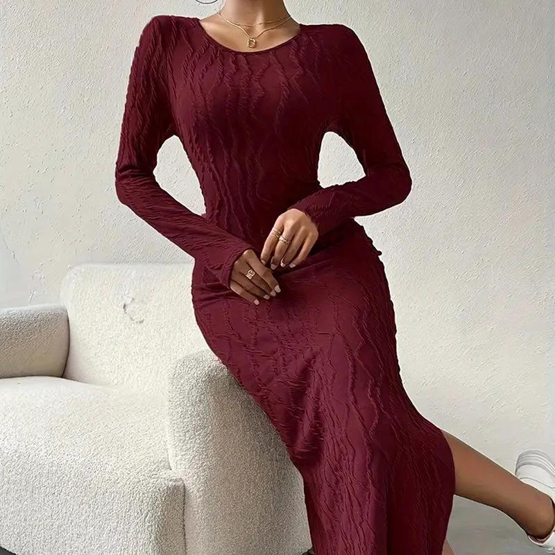 Women's Crew Neck Long Sleeve Ribbed Dress Side Slit Knit Bodycon Midi Dress by GJG Denim