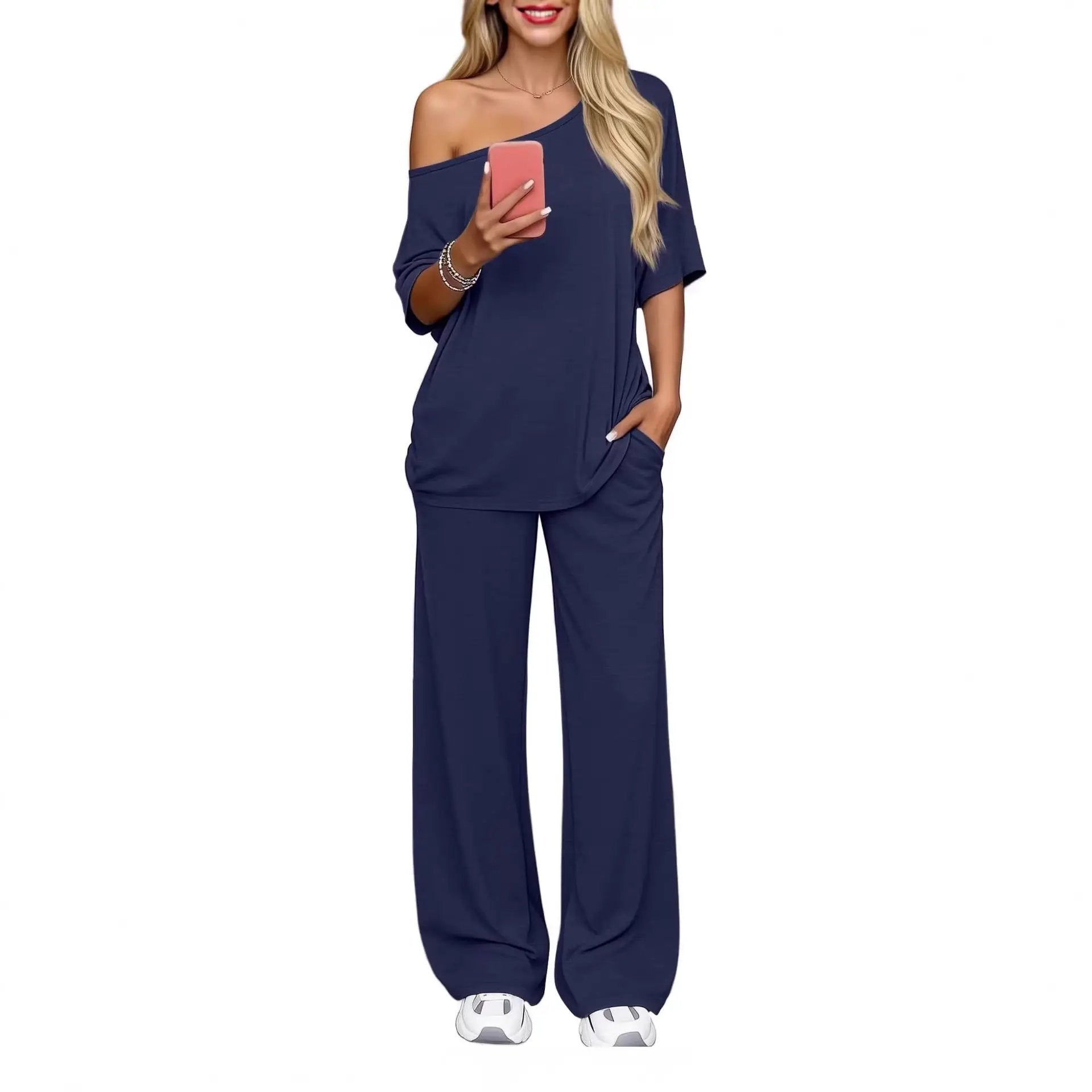Off-shoulder Loose Casual Short-sleeve Top And Wide-leg Pants Two-piece Set by GJG Denim
