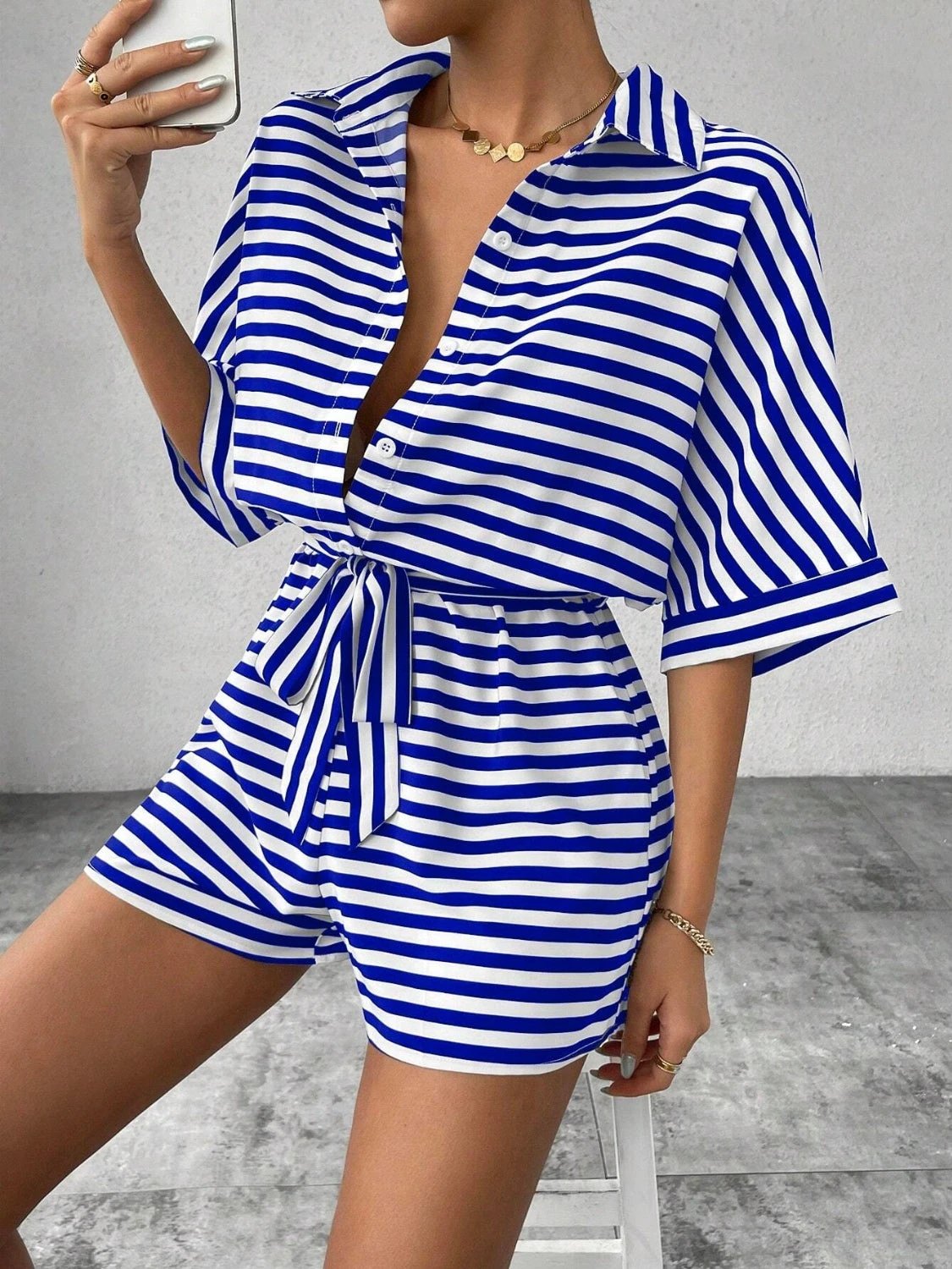 Tie Waist Half Button Striped Romper by VYSN