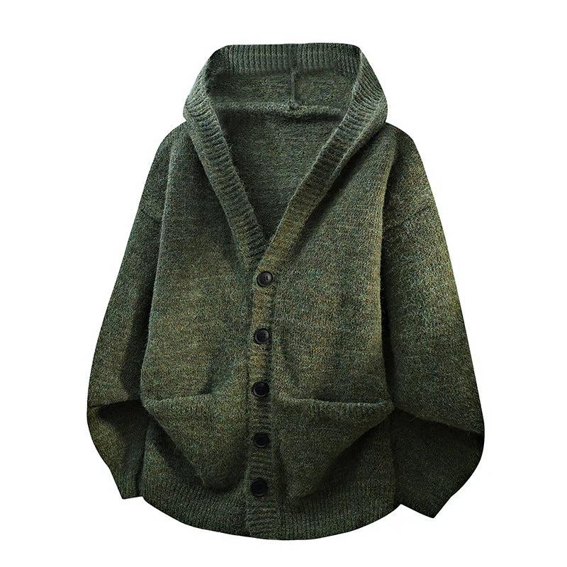 Men's Relaxed Loose-fitting Hooded Cardigan Knit Sweater by GJG Denim