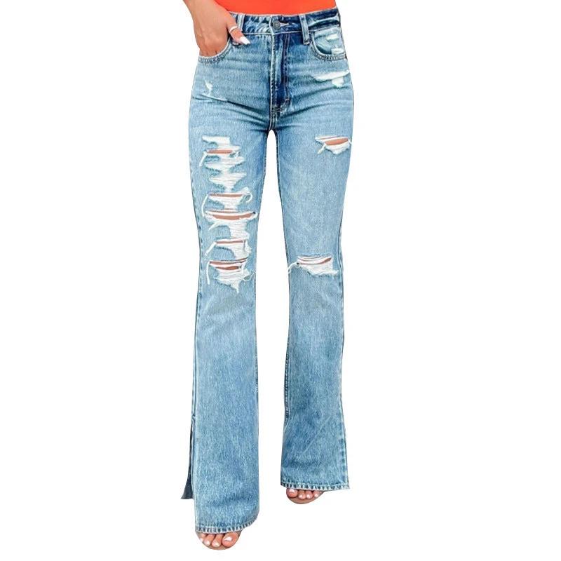 Ladies Jeans High Waist Ripped Slightly Stretch Split Trousers by GJG Denim