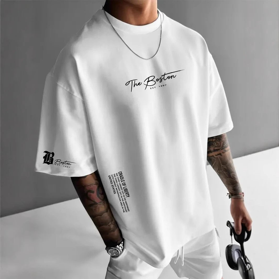 New Men's Round Neck Loose Casual Letter Short Sleeve by GJG Denim