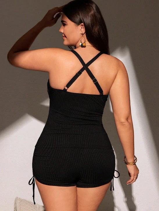 Plus Size Women's Knitted 2-piece Set Spaghetti Strap High Waist Boxers by GJG Denim