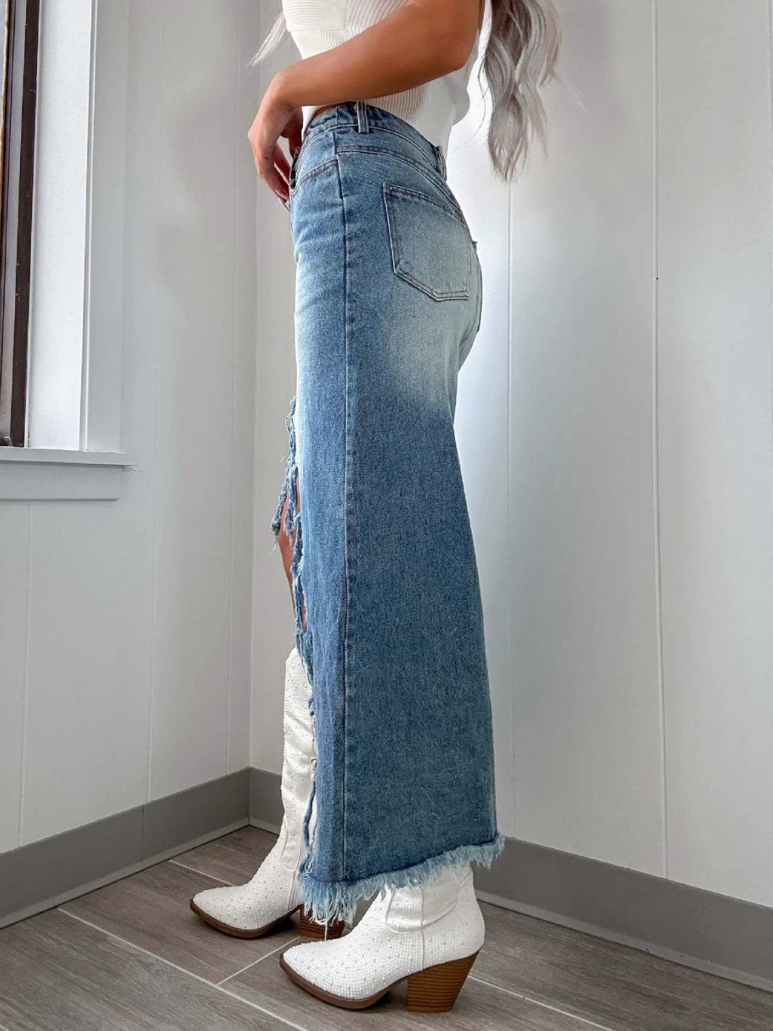 High-Waist Raw Hem Asymmetry Denim Skirt by Lady Ros
