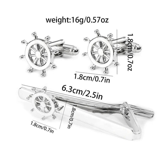 Men's Trendy Rudder Cufflinks and Tie Clip Set by GJG Denim