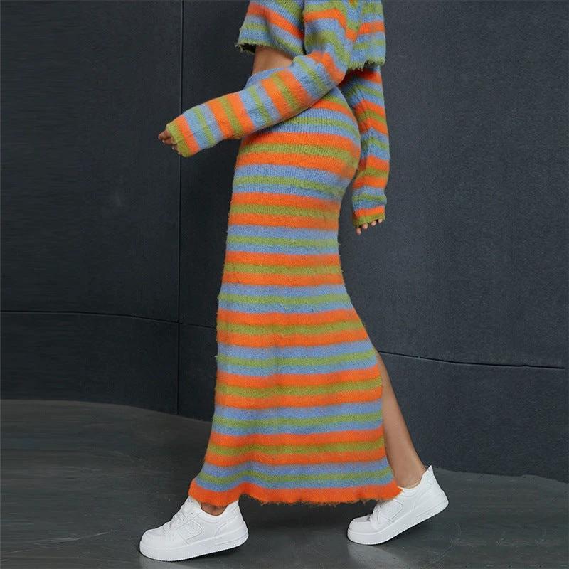 Stripe Sweater Crop Top Matching Long Skirt Split by GJG Denim