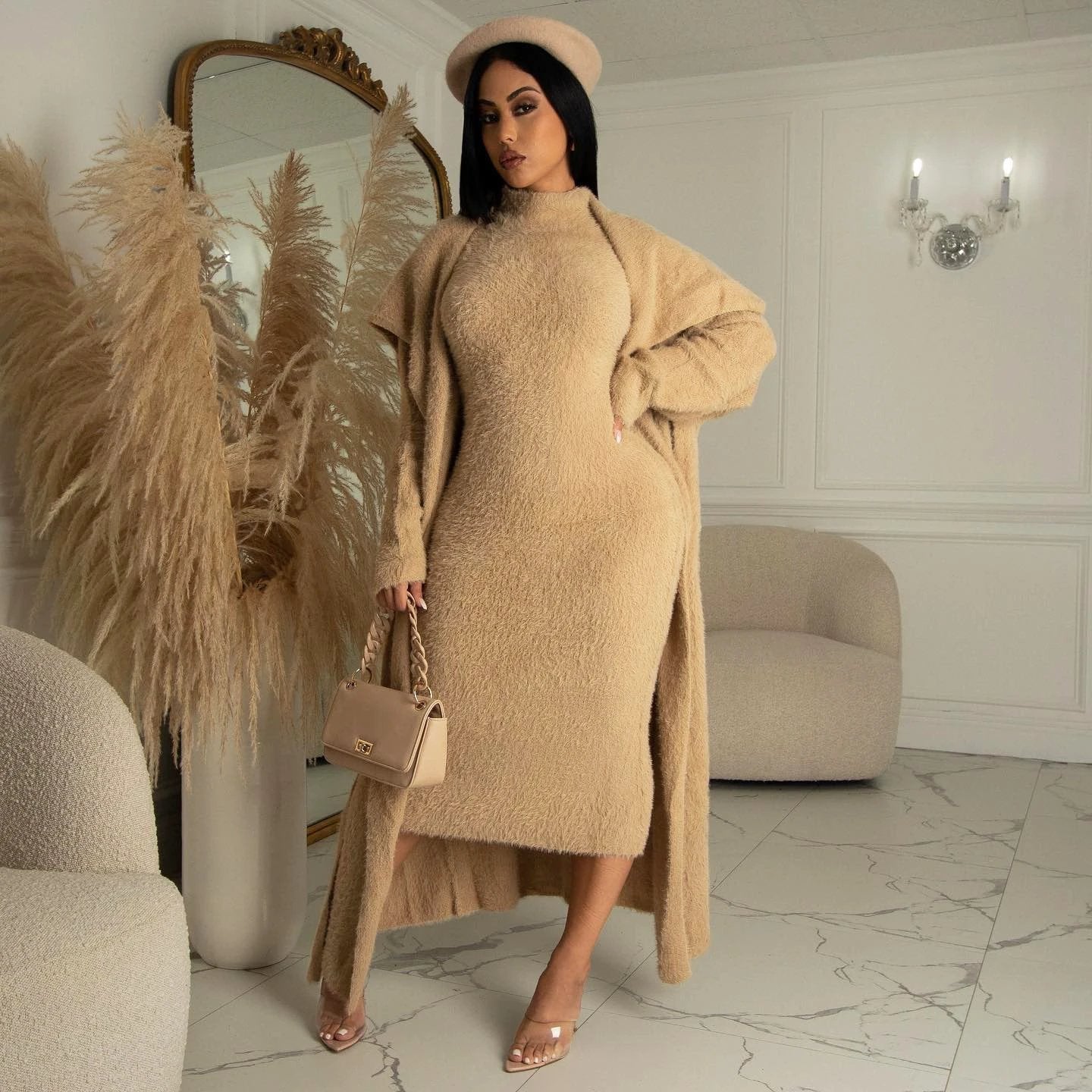 Autumn And Winter Elegant Dress Long Cardigan Velvet Two-piece Suit by GJG Denim