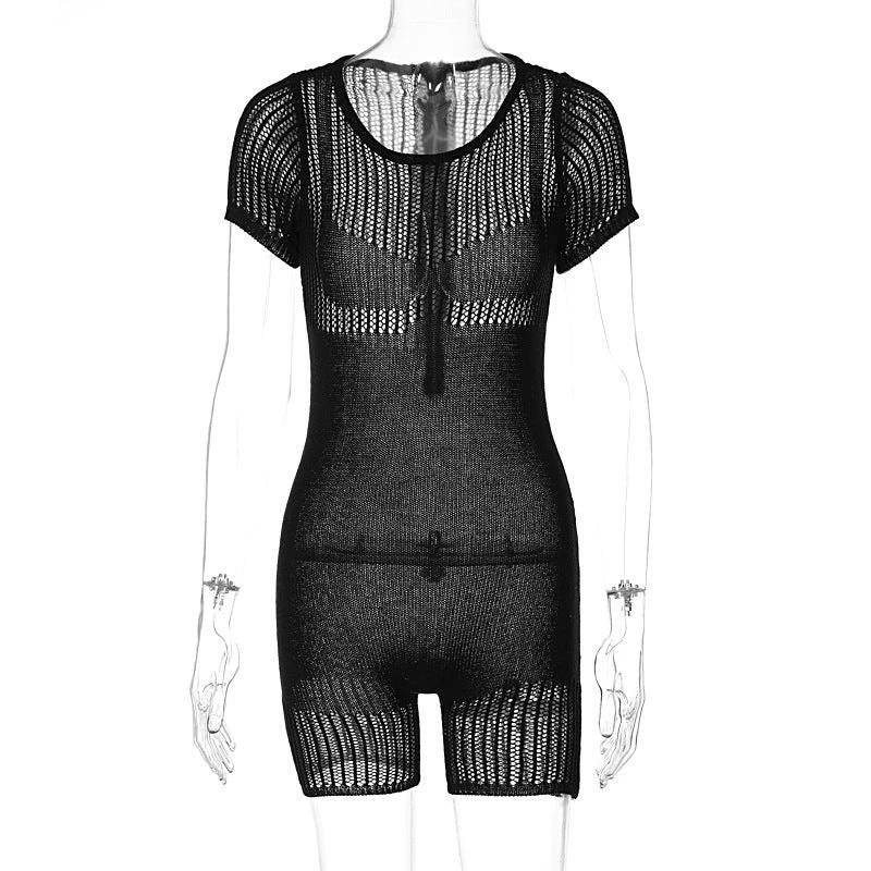Women's Zipper Hollow-out Tight Hip Lifting Knitted Short Romper by GJG Denim