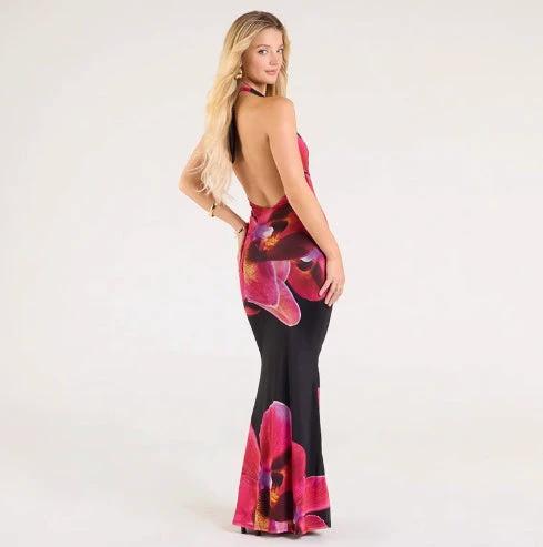 Halter Floral Mesh Backless Maxi Dress by GJG Denim