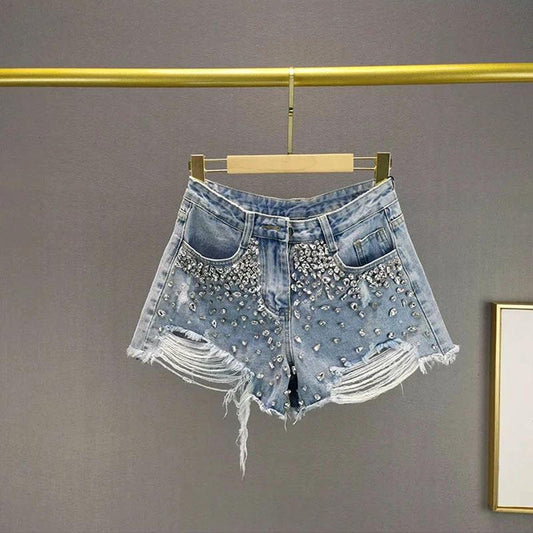 Ripped Rhinestone Denim Shorts by GJG Denim