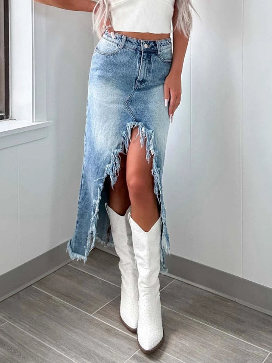High-Waist Raw Hem Asymmetry Denim Skirt by Lady Ros