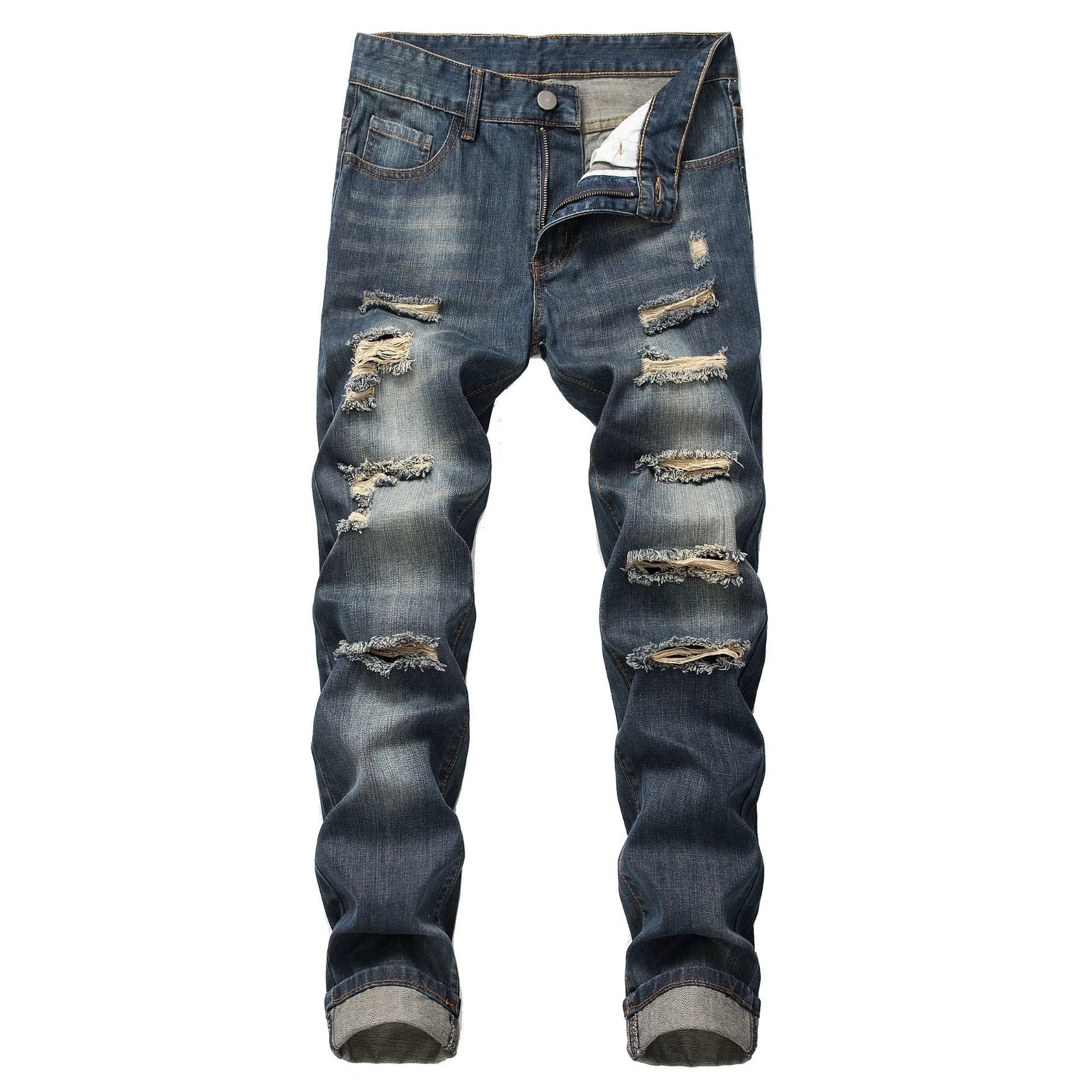 Men's Ripped Straight Slim Fit Non-stretch Jeans by GJG Denim