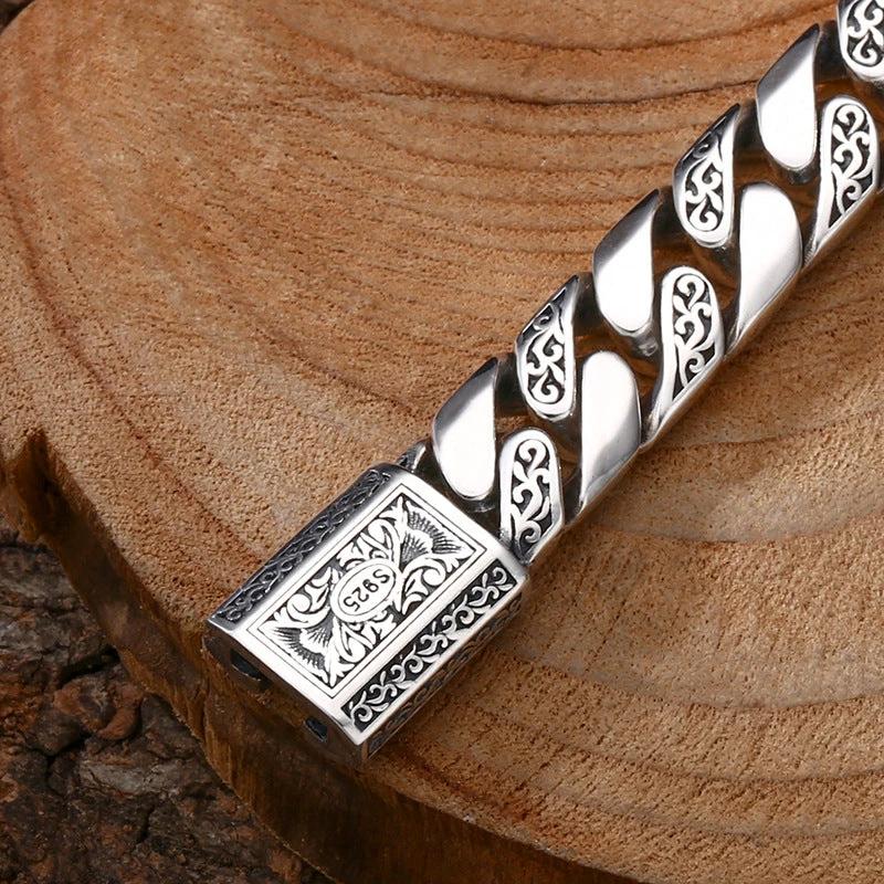 Men's 925 Sterling Silver Tangcao Pattern Cuban Bracelet by GJG Denim
