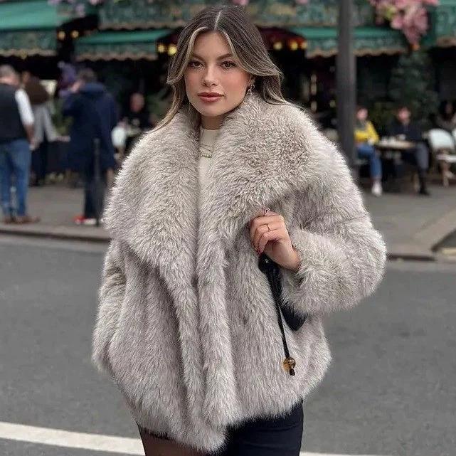 Large Lapel Fluffy Plush Artificial Fur Short by GJG Denim