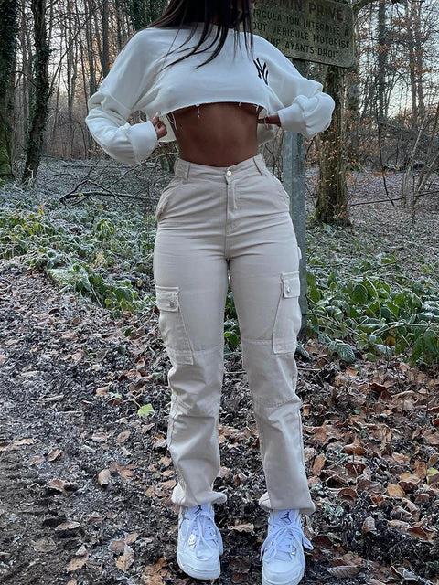 Straight Leg Cargo Pants Women High Waist Casual Baggy Pants by GJG Denim