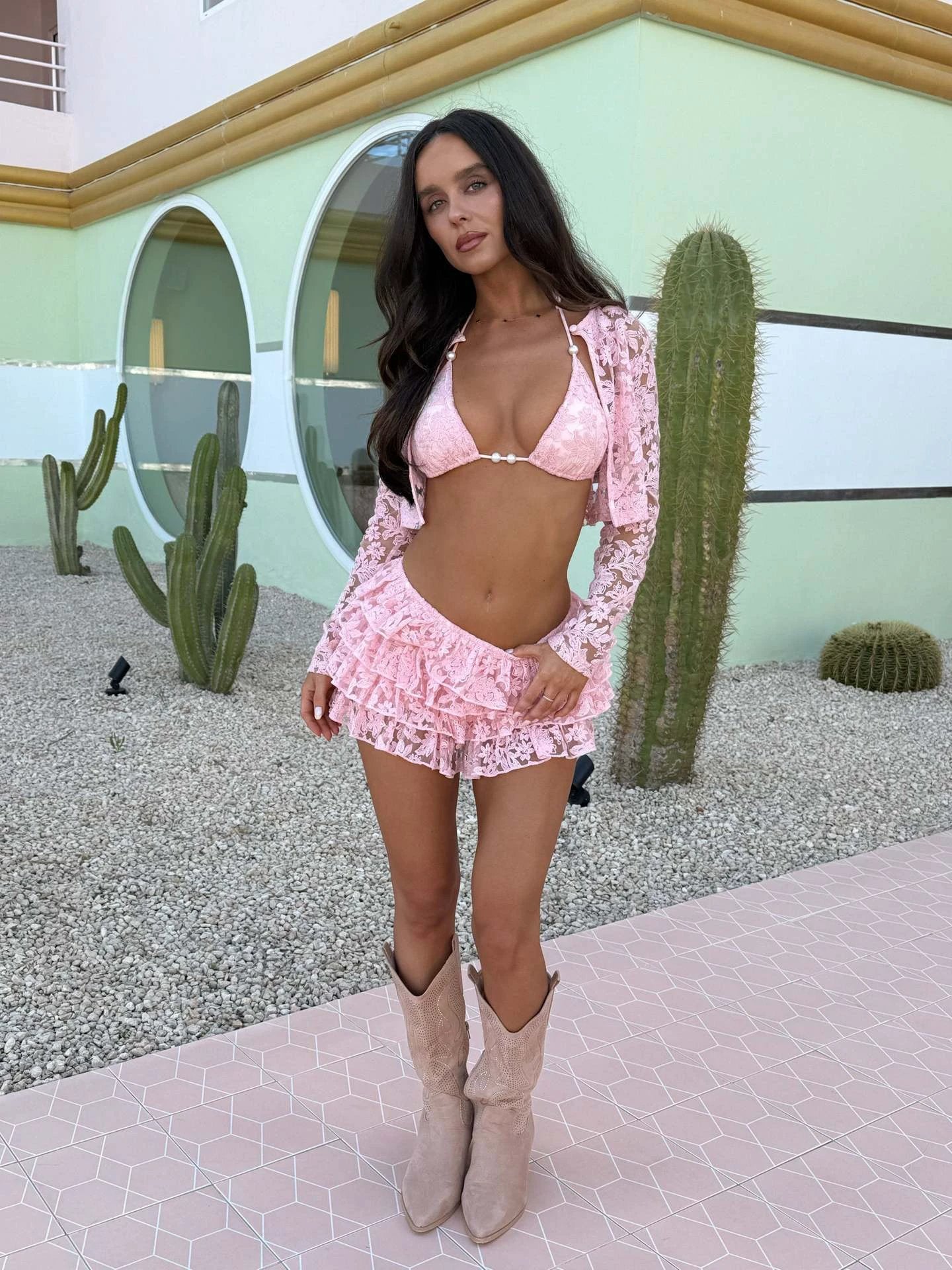 New Lace Mesh Coat Chest Cup Skirt Fashion Casual Three-piece Suit Women by GJG Denim