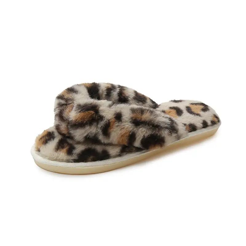 New Leopard Cross Fluffy Slippers Women's Home Indoor Fashion Plush Cotton Slippers Flip-flops Women by GJG Denim