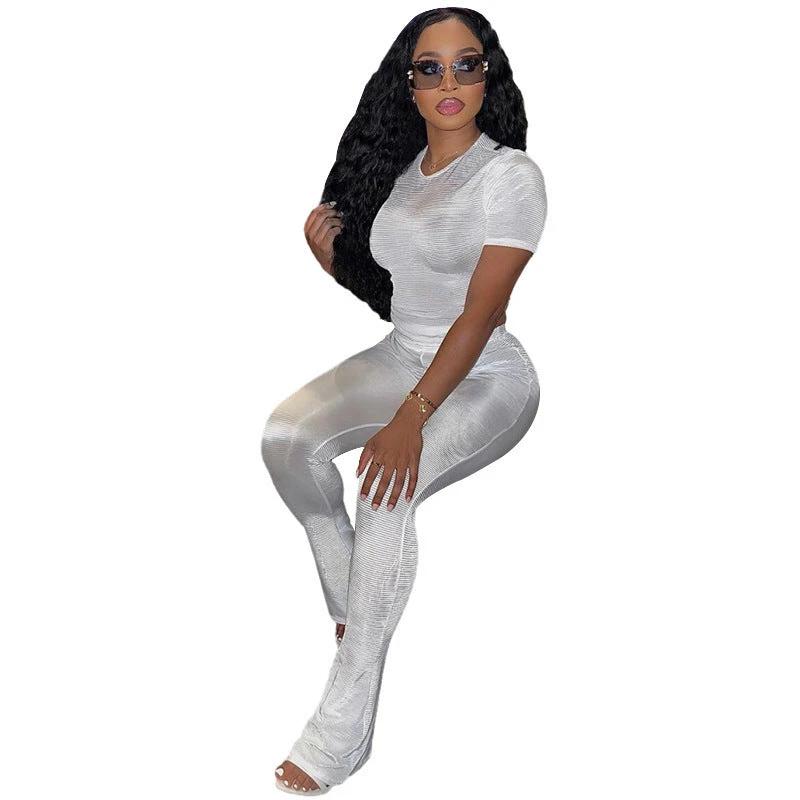 Cross-border European And American Foreign Trade 2024 Fall Women's Clothing New Slim Fit Figure Flattering Short Sleeve Top High Waist Casual Trousers Suit by GJG Denim