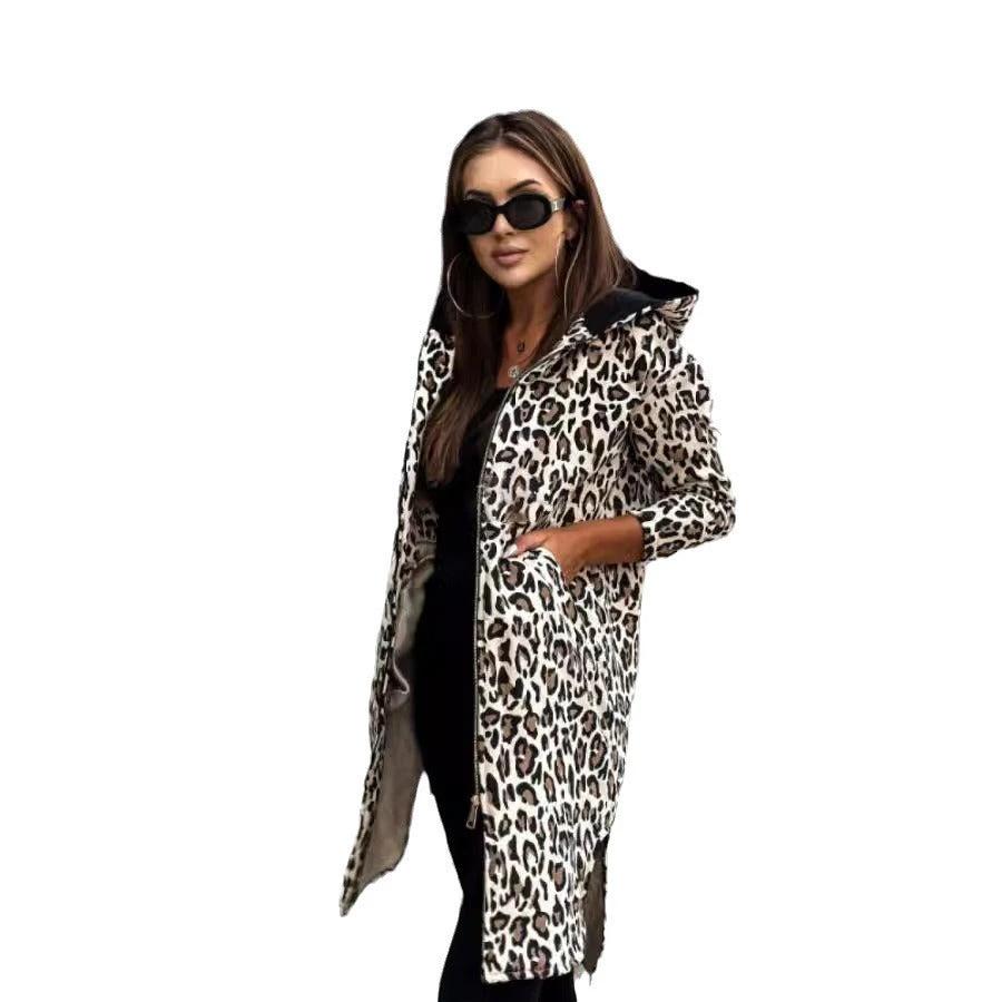 Women's Long-sleeved Hooded Printed Trench Coat by GJG Denim