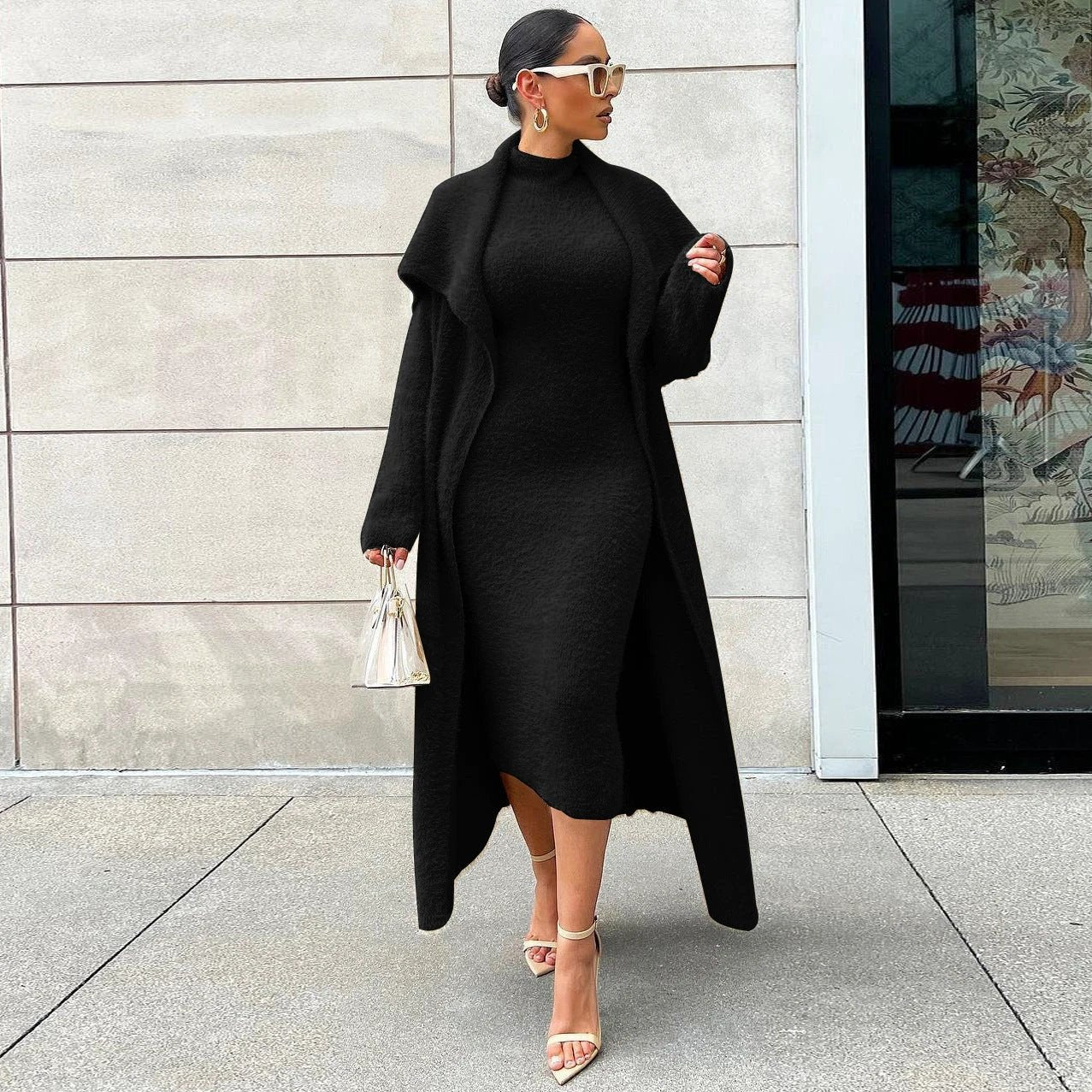 Autumn And Winter Elegant Dress Long Cardigan Velvet Two-piece Suit by GJG Denim