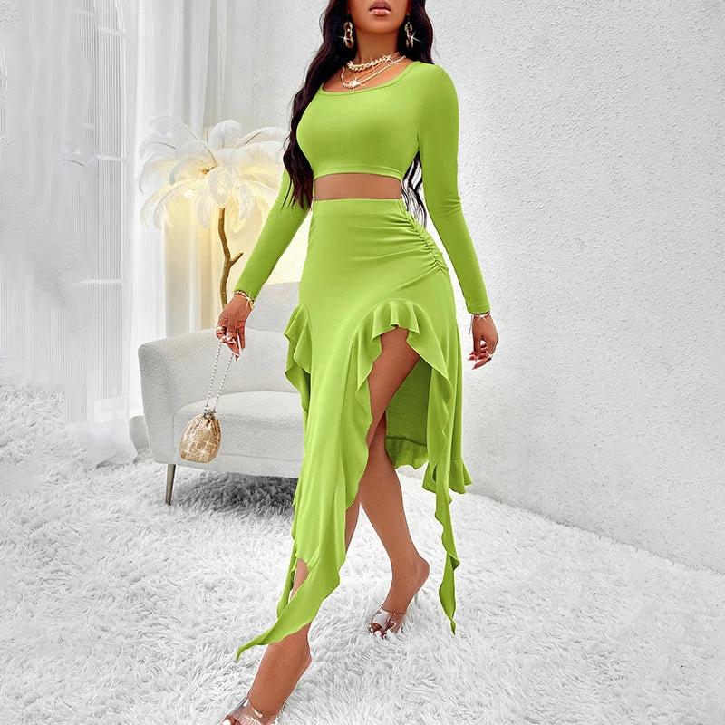 Women's Long Sleeve Round Neck Pleated Dress Suit - Solid Color Elegant Ruffle Outfit by GJG Denim