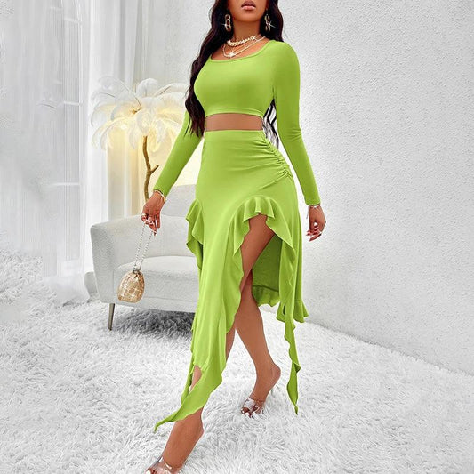 Women's Long Sleeve Round Neck Pleated Dress Suit - Solid Color Elegant Ruffle Outfit by GJG Denim