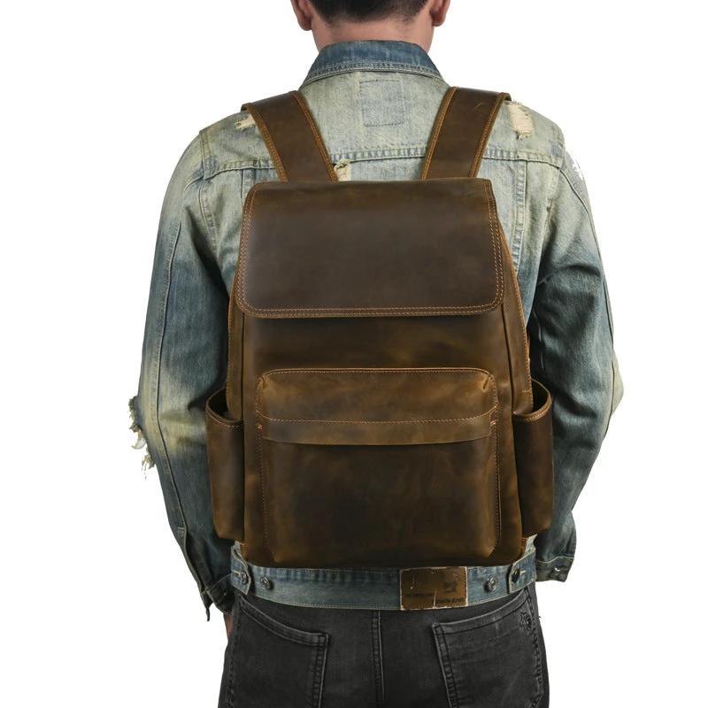 Flip-Top Design Multi-Pocket High-Capacity Commuter Leather Backpack For Men by GJG Denim