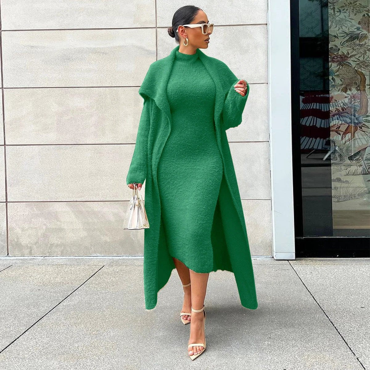 Autumn And Winter Elegant Dress Long Cardigan Velvet Two-piece Suit by GJG Denim