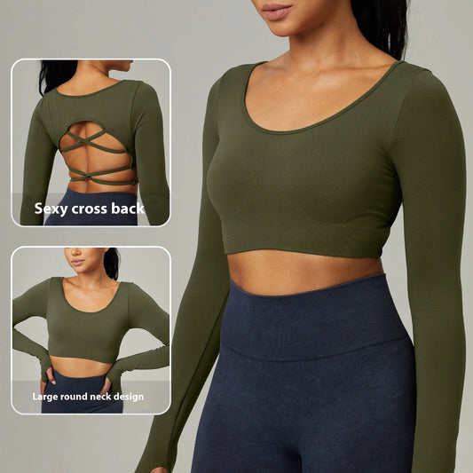 Quick Drying Clothes Outdoor Long Sleeve Cross Beauty Back Workout Clothes Sports Top by GJG Denim