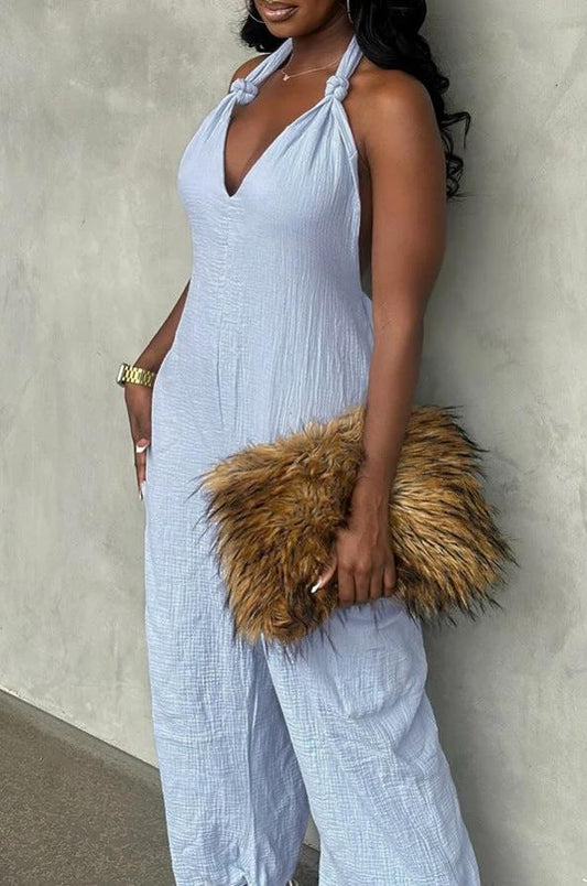Long Linen Solid Color Jumpsuit With Belt by GJG Denim