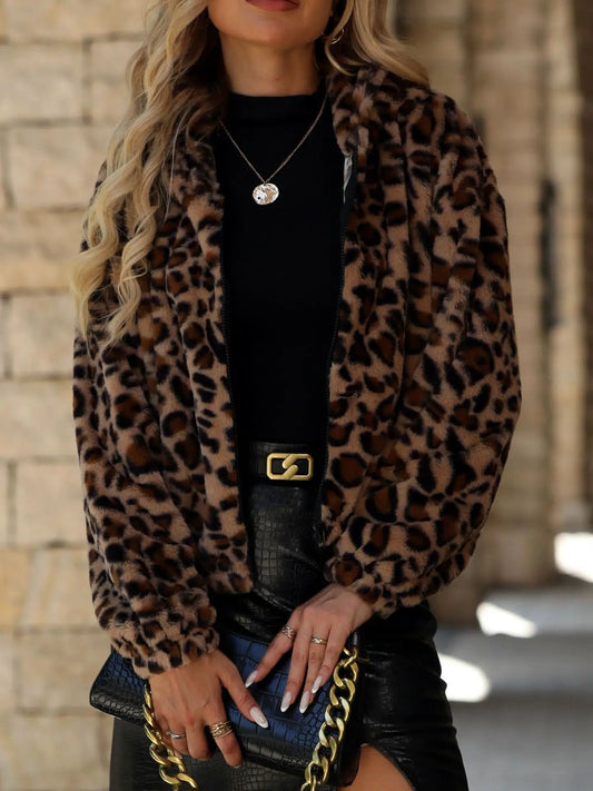 Womens Loose-fit Zip-up Leopard-print Plush Coat by GJG Denim