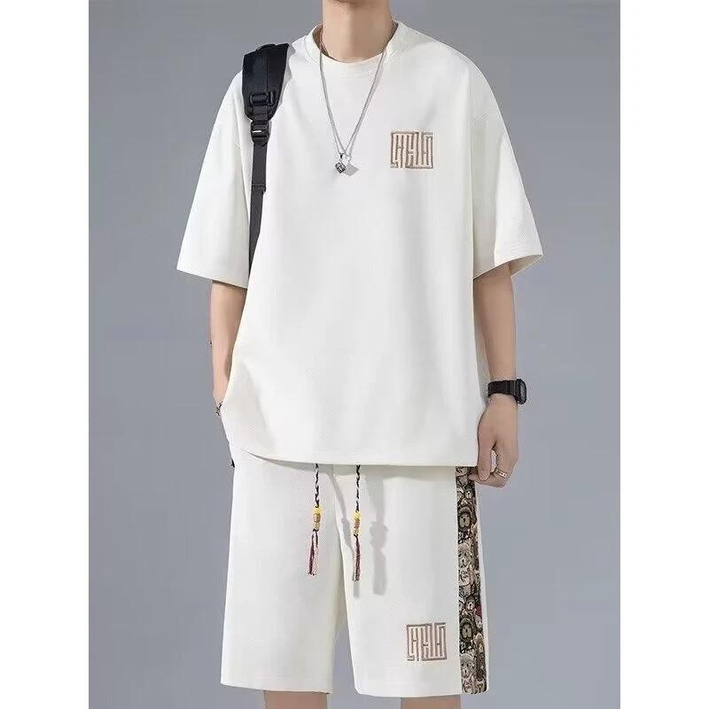 Waffle Embroidery Summer Loose All-match Short Sleeve Two-piece Set by GJG Denim