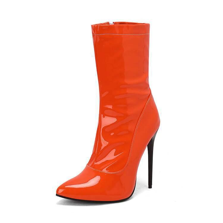 Patent Leather Short Boots Women's High Heel Stiletto Heel Pointed-toe Side Zip by GJG Denim