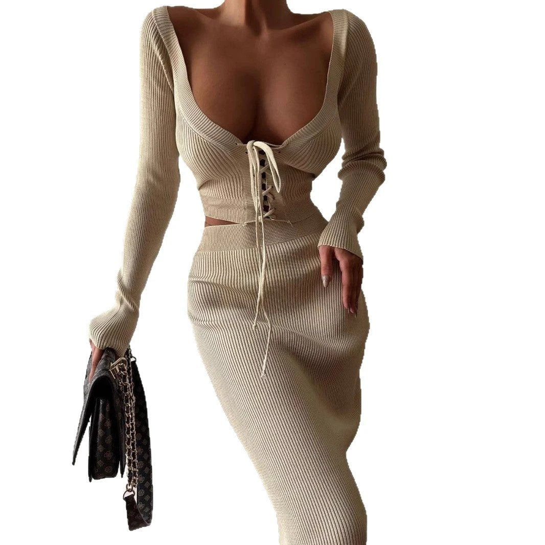 Autumn Winter Sexy Long Sleeve Sweater Dress Two-piece Set Skinny Knit by GJG Denim