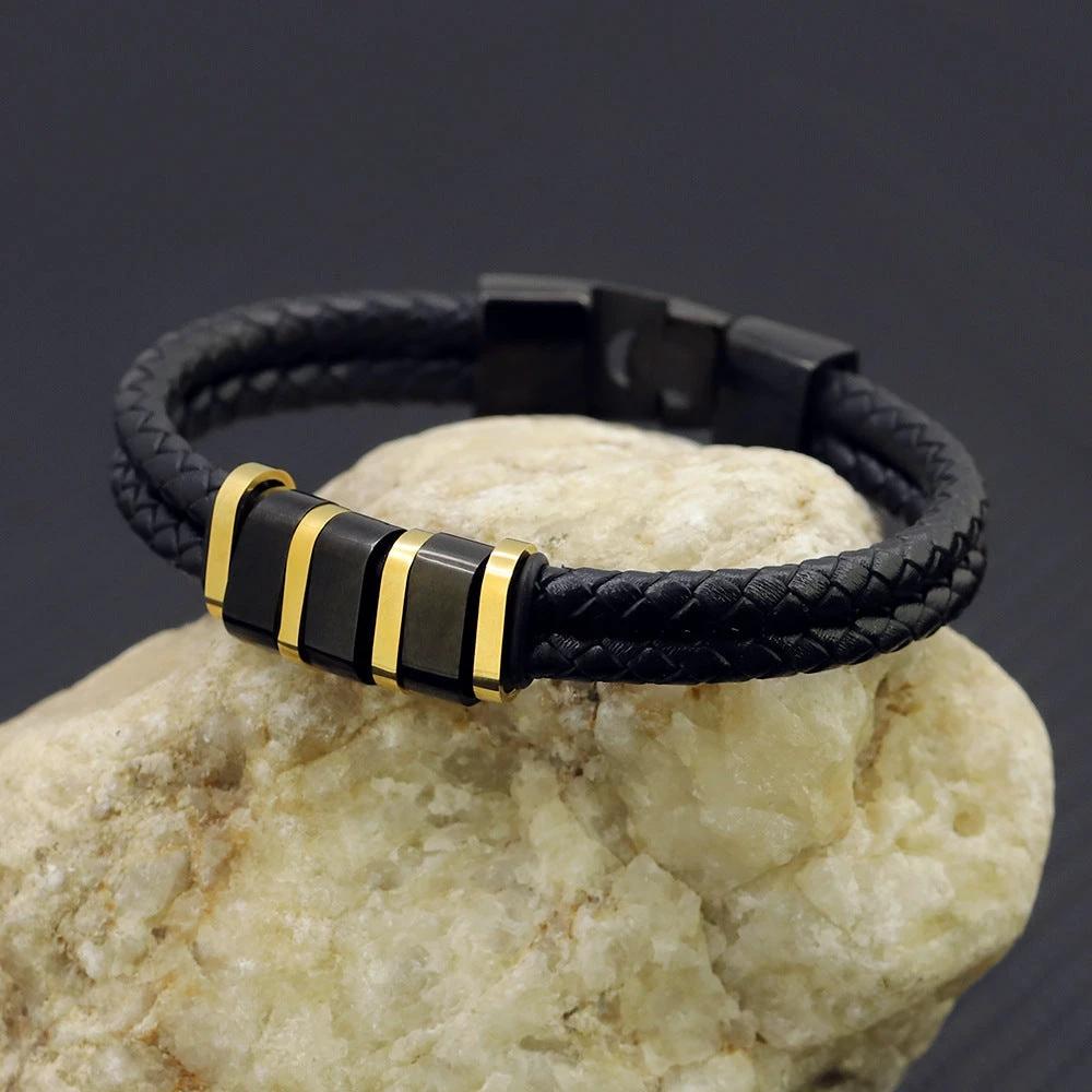 Black Leather Braided Stainless Steel Bead Bracelet For Men by GJG Denim