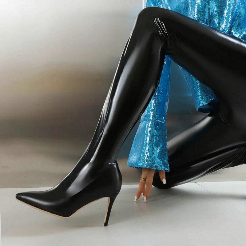 Pointed Stiletto Heel Over-the-knee Boots Zipper High Heel Elastic Pants Boots by GJG Denim