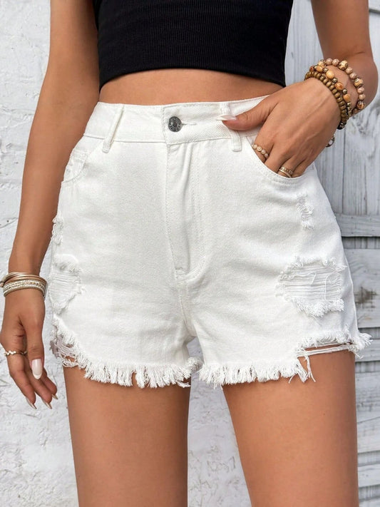 Distressed Raw Hem High Rise Denim Shorts by Lady Ros