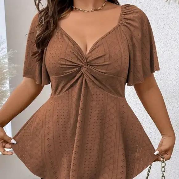 V-neck Drawstring-waist Sexy Short-sleeve Solid-color T-shirt by GJG Denim