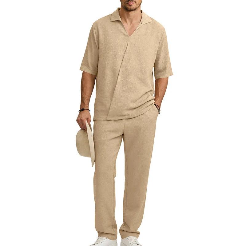 Men's Lapel Short Sleeve Shirt And Pants Suit by GJG Denim