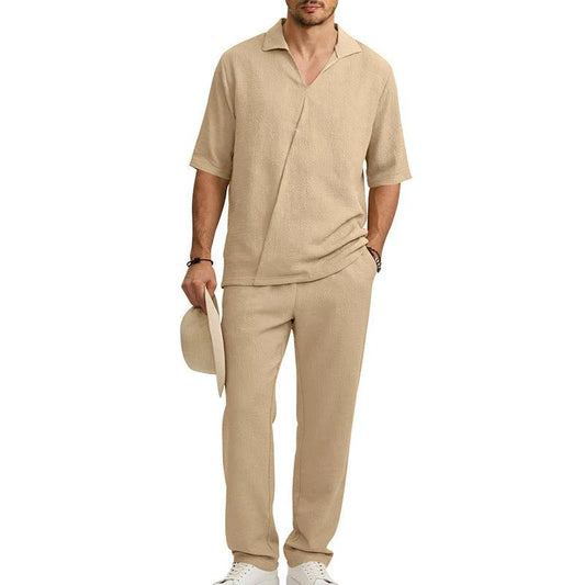 Men's Lapel Short Sleeve Shirt And Pants Suit by GJG Denim