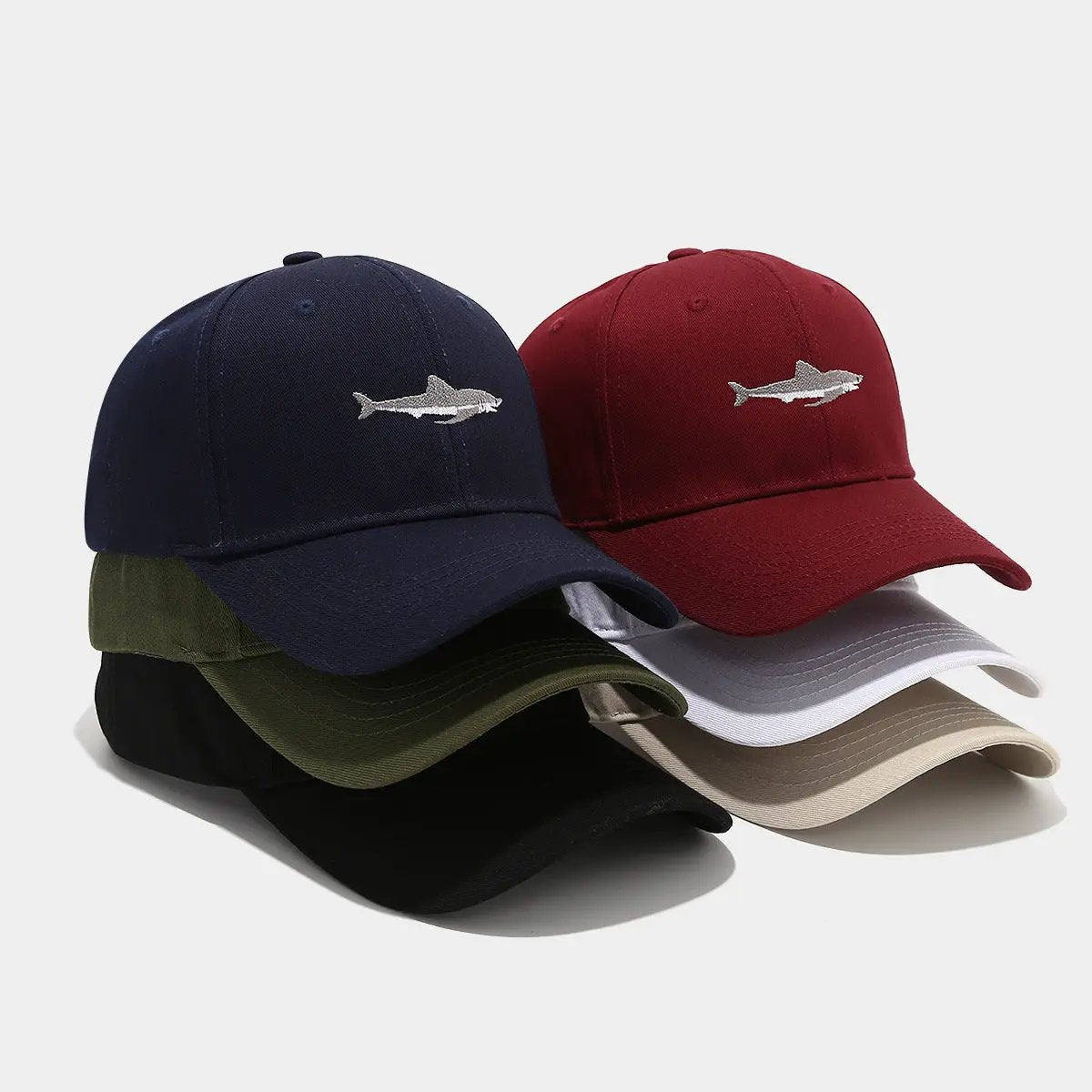 Solid Color Curved Brim Cotton Hard Top Shark Embroidered Baseball Cap For Men by GJG Denim
