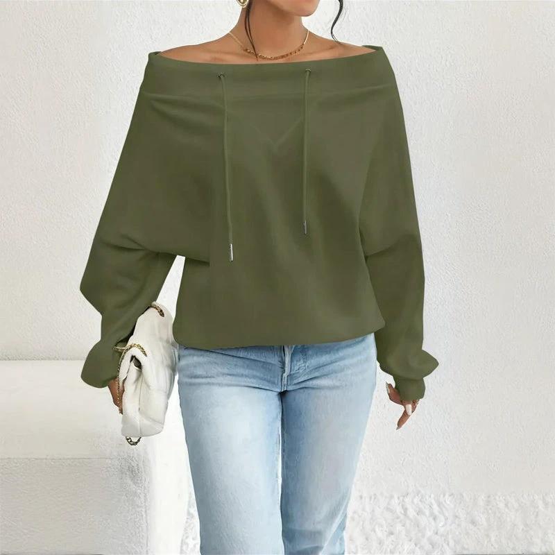 Plus Size Women's Solid Color Off-Shoulder Long Sleeve Pullover With Drawstring - Casual Ribbed Detail Top For Spring&Fall by GJG Denim
