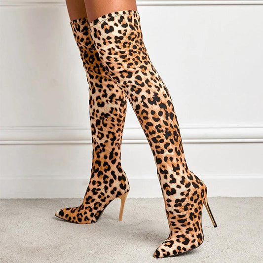 Winter Fashion Leopard Print Pointed-toe Skinny Stiletto Heel High Leg Boot by GJG Denim
