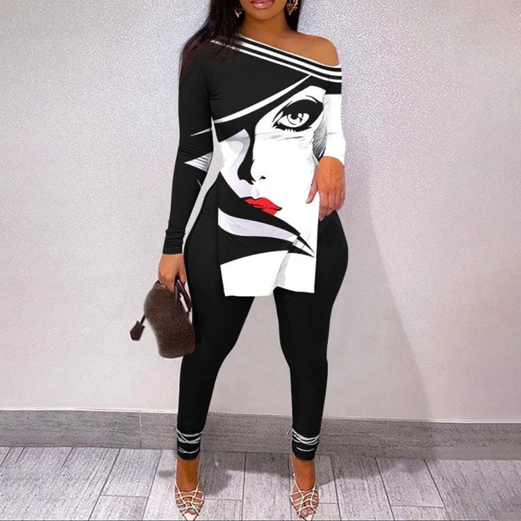 Autumn And Winter New Letter Floral Print Slit Hem Long Sleeve Top Suit Women by GJG Denim