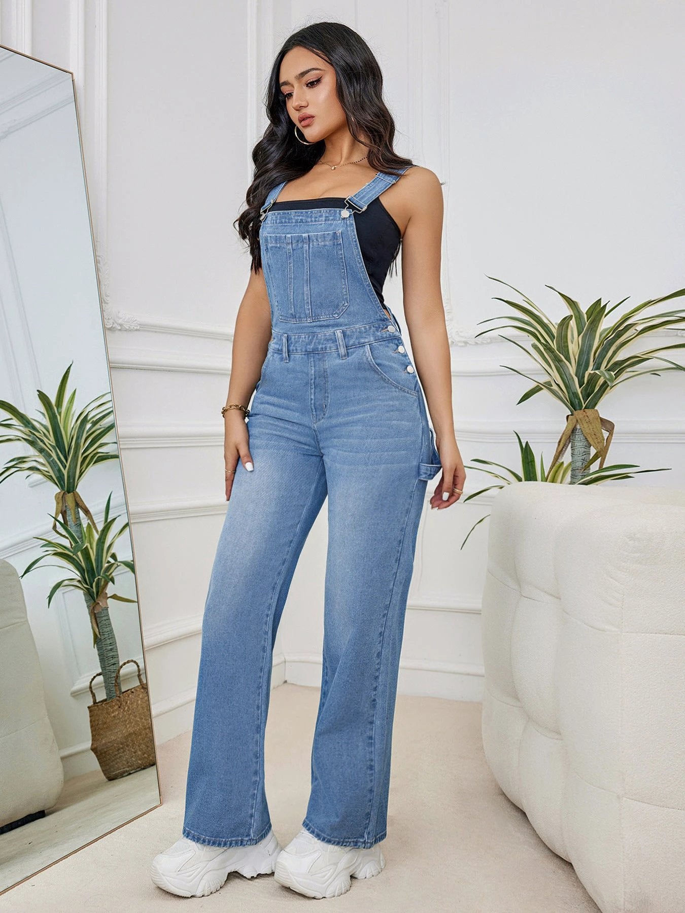 Women's Washed Denim Suspender Pants by GJG Denim